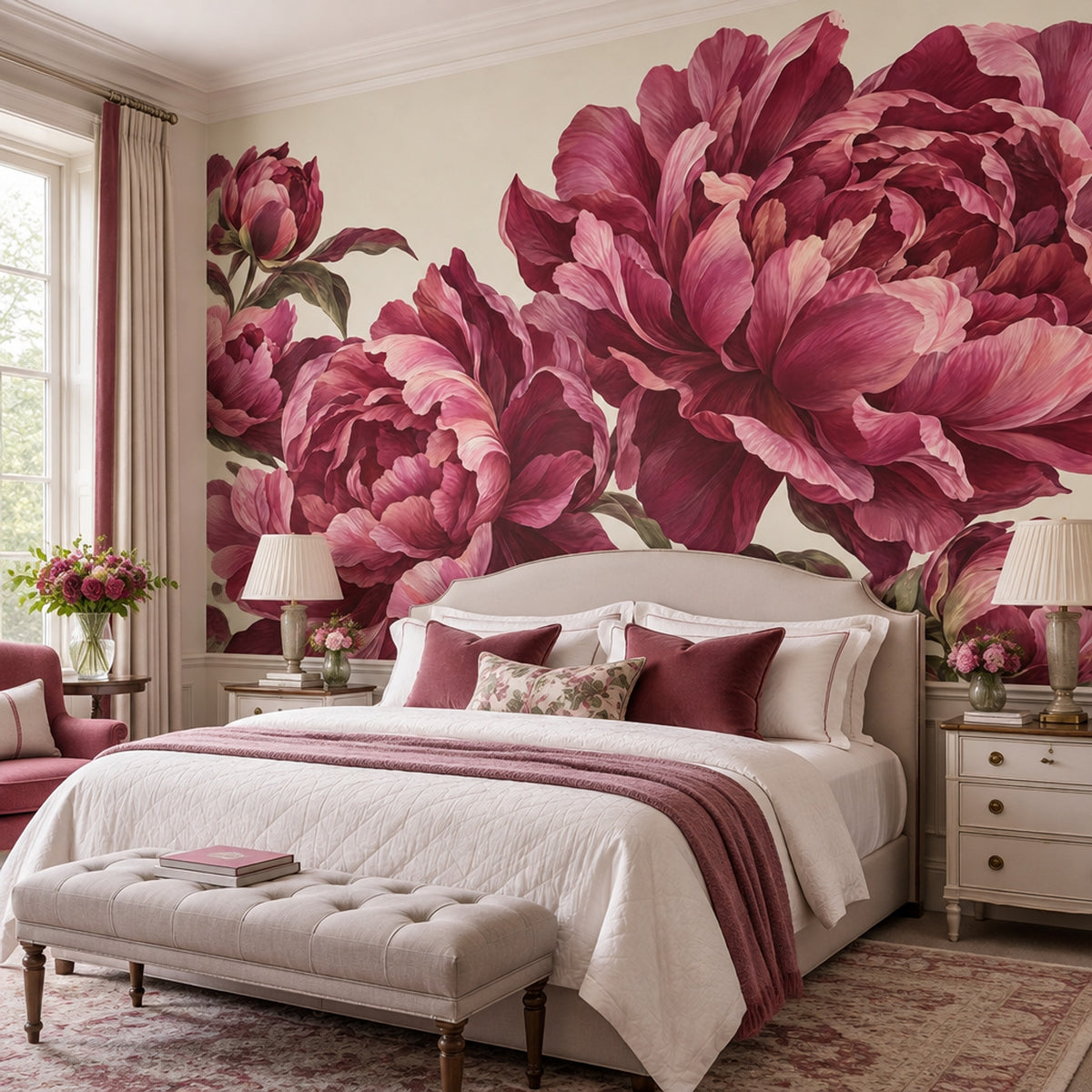 Large Peony Wallpaper Muted Green Leaves Wall Mural