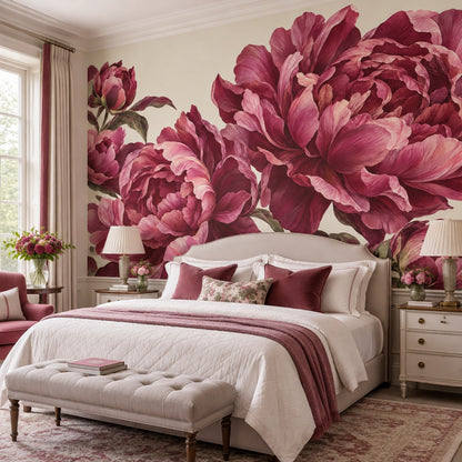Large Peony Wallpaper Muted Green Leaves Wall Mural