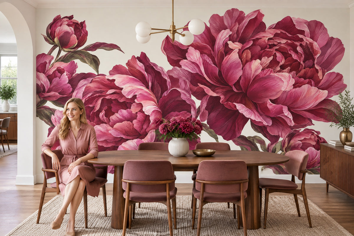 Large Peony Wallpaper Muted Green Leaves Wall Mural
