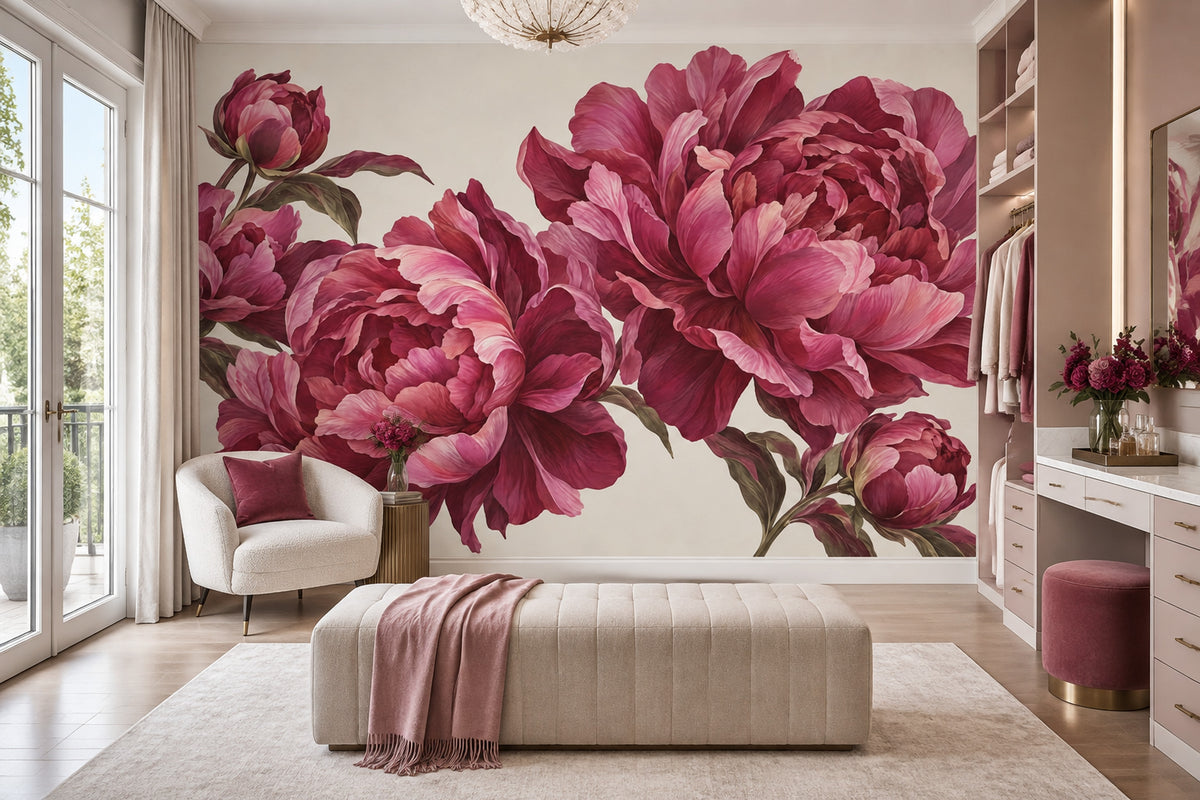 Large Peony Wallpaper Muted Green Leaves Wall Mural