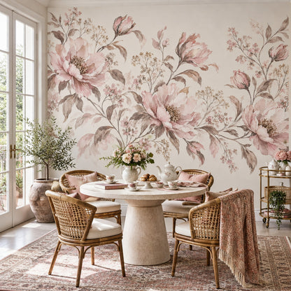 Blush Pink Peonies Wallpaper Watercolor Botanical Wall Mural