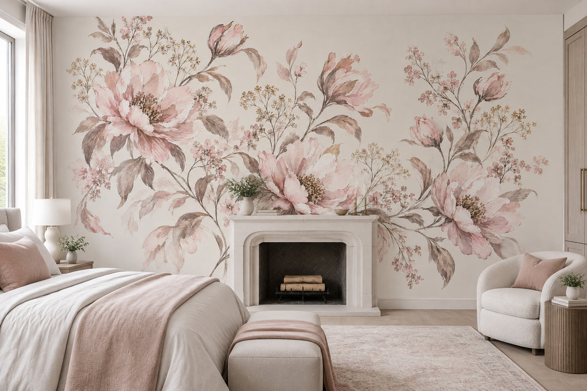 Blush Pink Peonies Wallpaper Watercolor Botanical Wall Mural