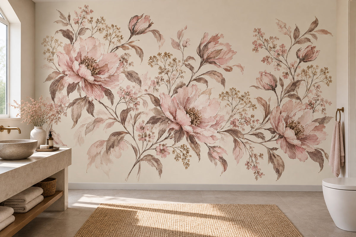 Blush Pink Peonies Wallpaper Watercolor Botanical Wall Mural