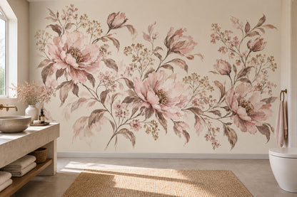 Blush Pink Peonies Wallpaper Watercolor Botanical Wall Mural