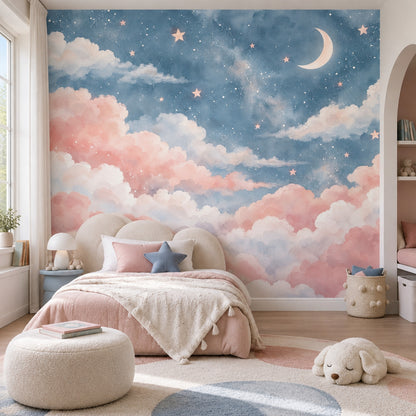 Watercolor Moon And Stars Wallpaper Pastel Sky Wall Mural