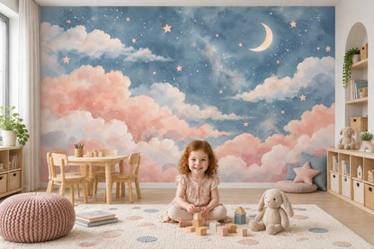 Watercolor Moon And Stars Wallpaper Pastel Sky Wall Mural