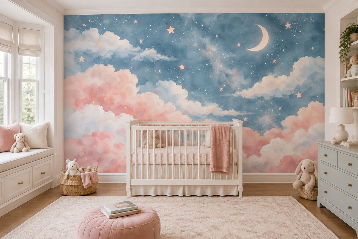 Watercolor Moon And Stars Wallpaper Pastel Sky Wall Mural