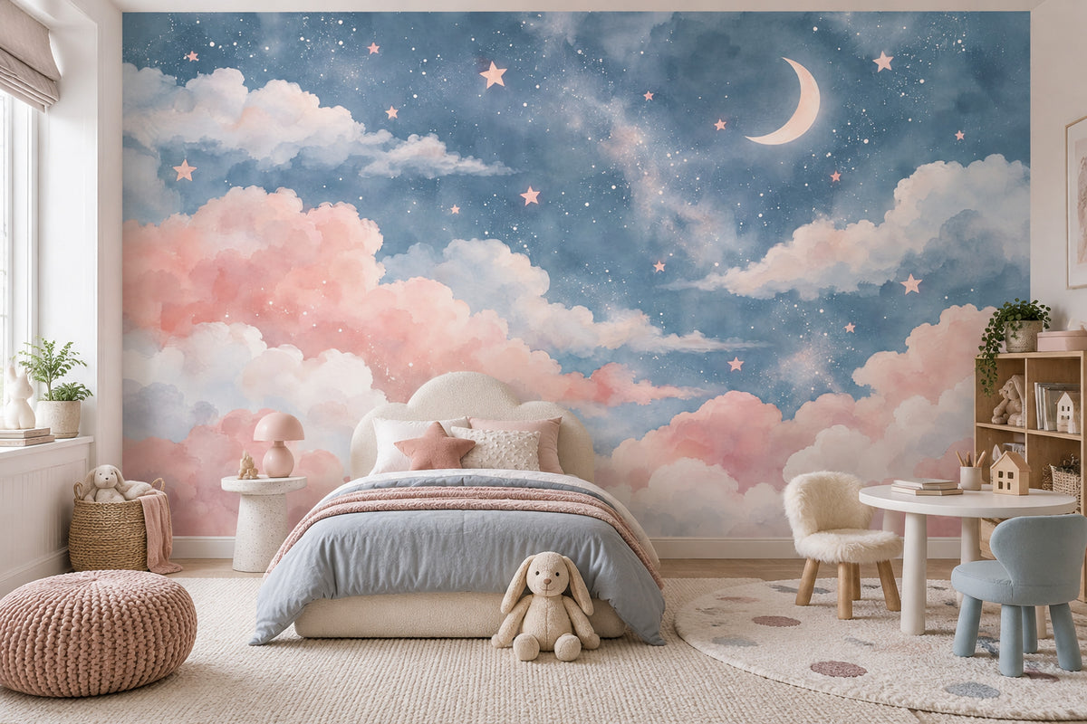 Watercolor Moon And Stars Wallpaper Pastel Sky Wall Mural