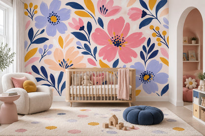 Painted Pink Blossoms Wallpaper Navy Leaves Wall Mural