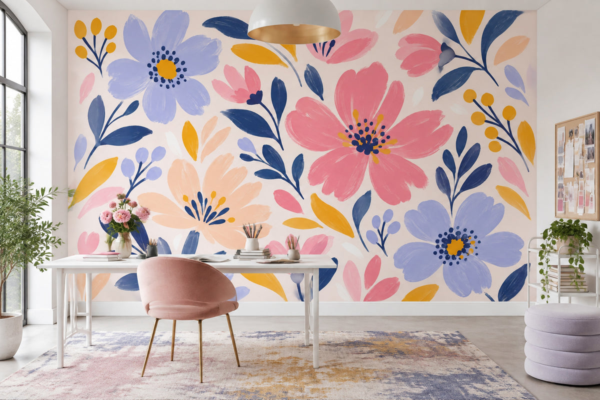 Painted Pink Blossoms Wallpaper Navy Leaves Wall Mural
