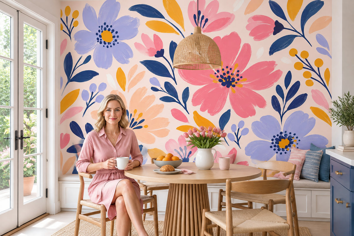 Painted Pink Blossoms Wallpaper Navy Leaves Wall Mural