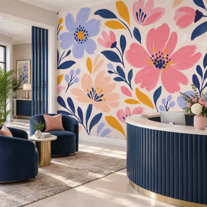 Painted Pink Blossoms Wallpaper Navy Leaves Wall Mural