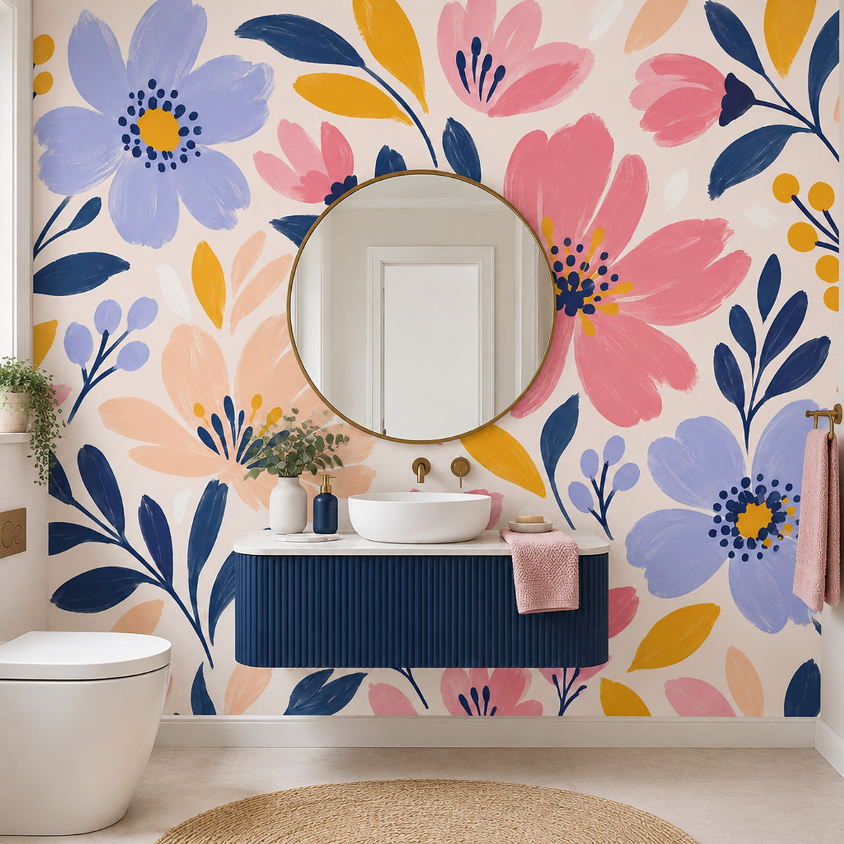 Painted Pink Blossoms Wallpaper Navy Leaves Wall Mural
