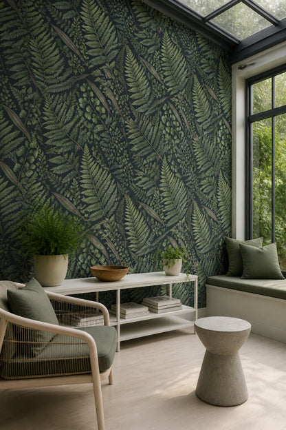 Fern Leaves Wallpaper Dark Botanical Charcoal Background