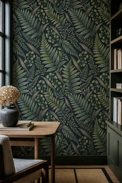 Fern Leaves Wallpaper Dark Botanical Charcoal Background