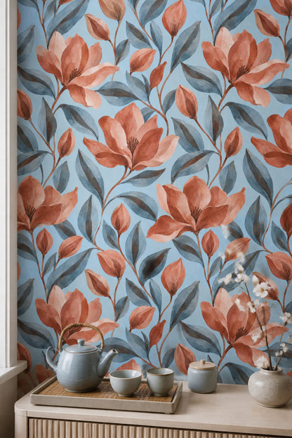 Coral Flowers Wallpaper Watercolor Botanical On Light Blue