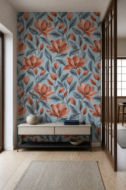 Coral Flowers Wallpaper Watercolor Botanical On Light Blue