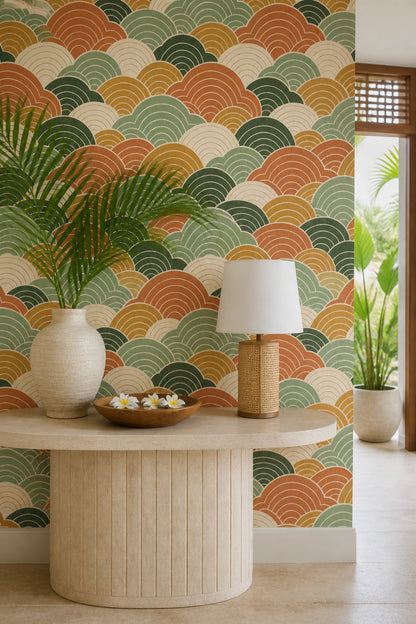 Geometric Arcs Wallpaper Sage Green Terracotta Mustard
