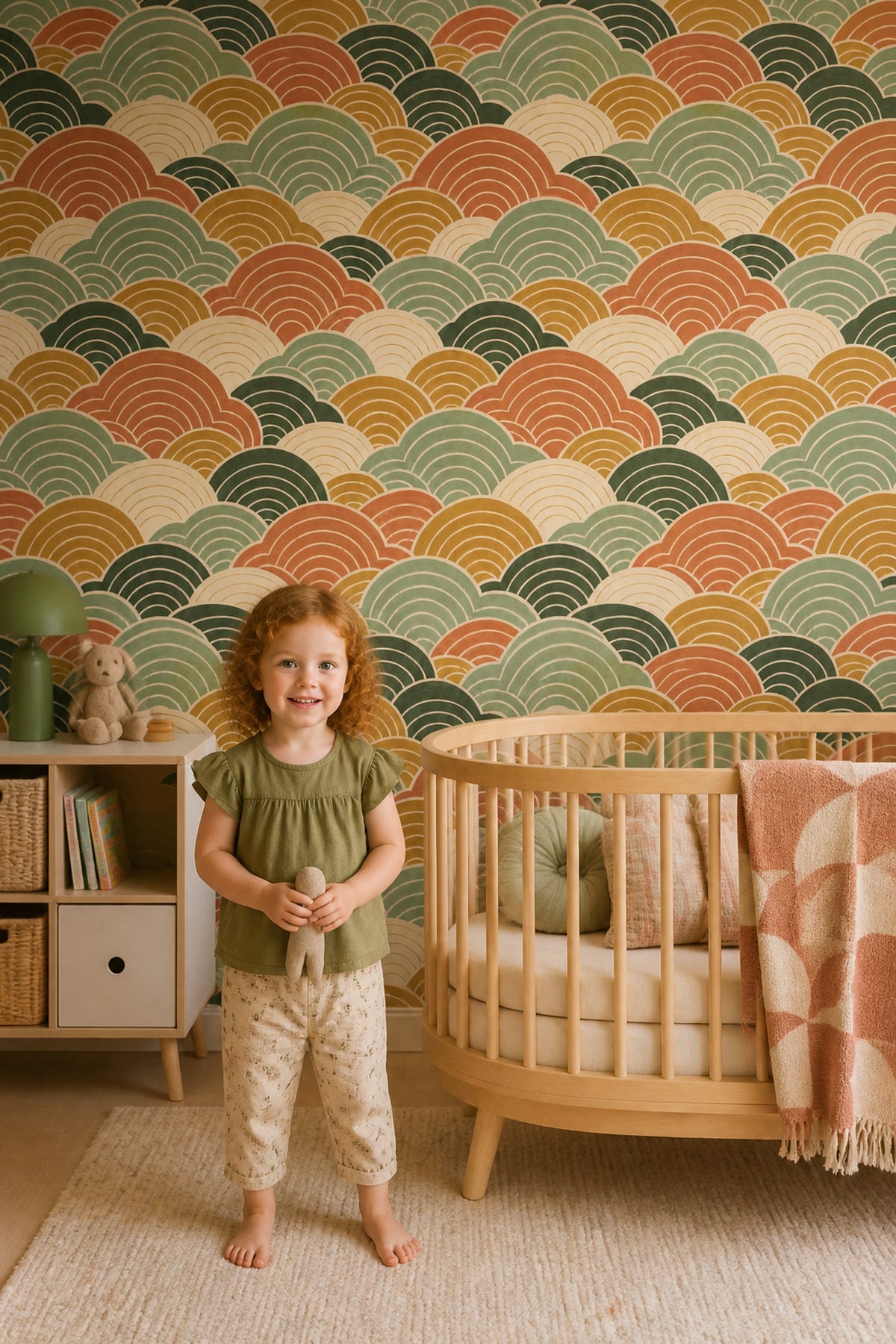 Geometric Arcs Wallpaper Sage Green Terracotta Mustard
