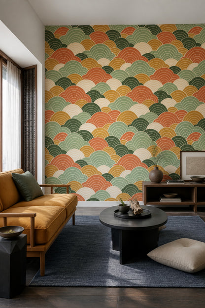 Geometric Arcs Wallpaper Sage Green Terracotta Mustard