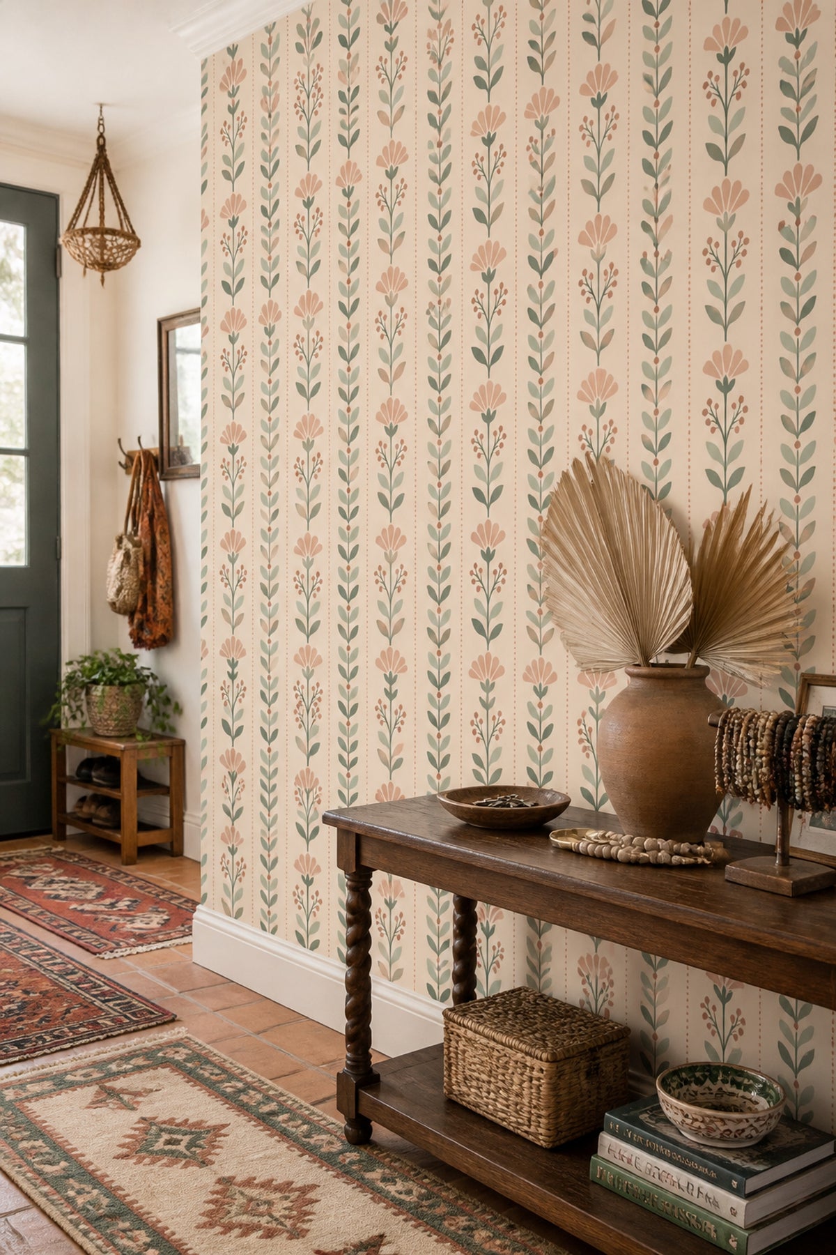 Botanical Stem Wallpaper Muted Green Retro Floral