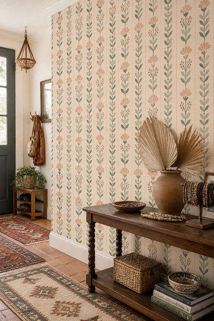 Botanical Stem Wallpaper Muted Green Retro Floral