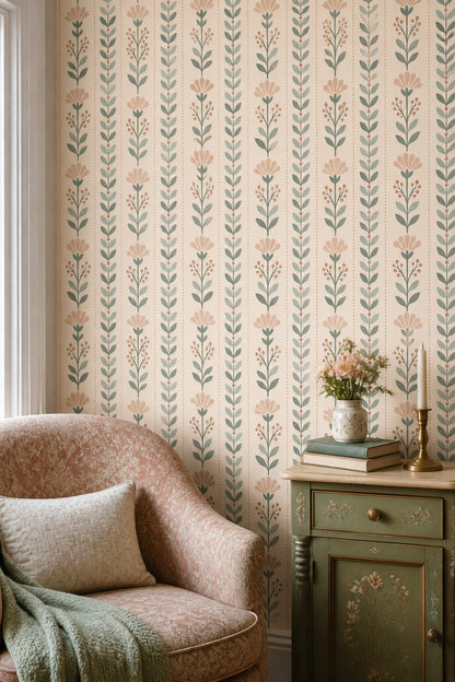 Botanical Stem Wallpaper Muted Green Retro Floral