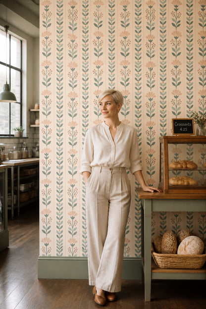 Botanical Stem Wallpaper Muted Green Retro Floral