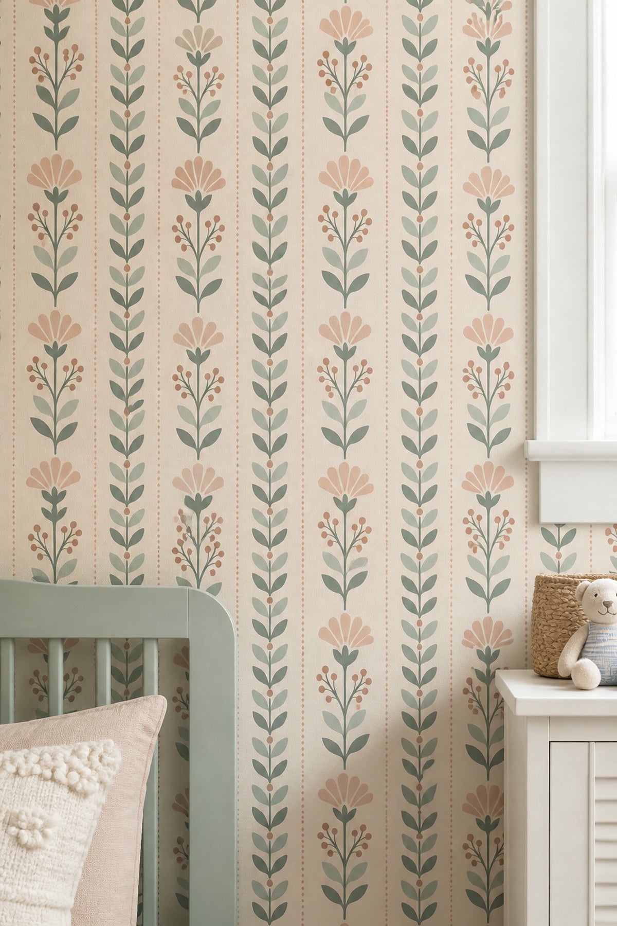 Botanical Stem Wallpaper Muted Green Retro Floral