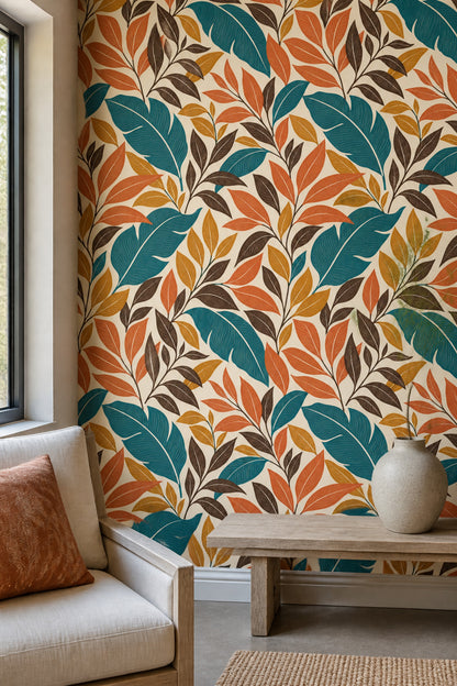 Tropical Leaf Wallpaper Teal And Orange Foliage On Cream