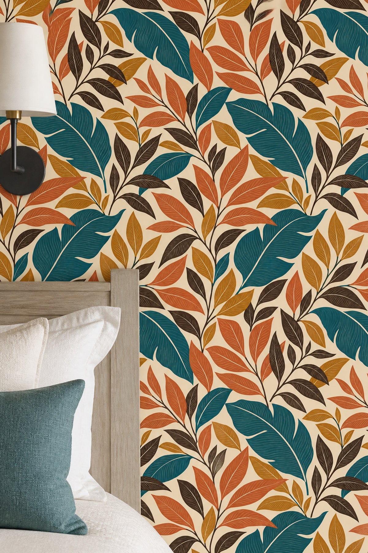 Tropical Leaf Wallpaper Teal And Orange Foliage On Cream