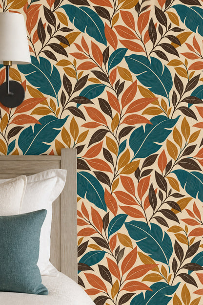Tropical Leaf Wallpaper Teal And Orange Foliage On Cream