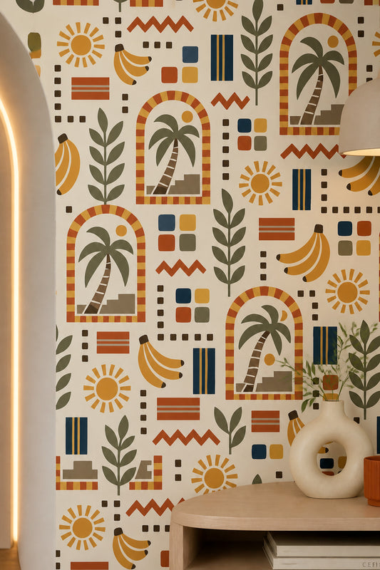 Palm Trees Wallpaper Arched Window Geometric Pattern
