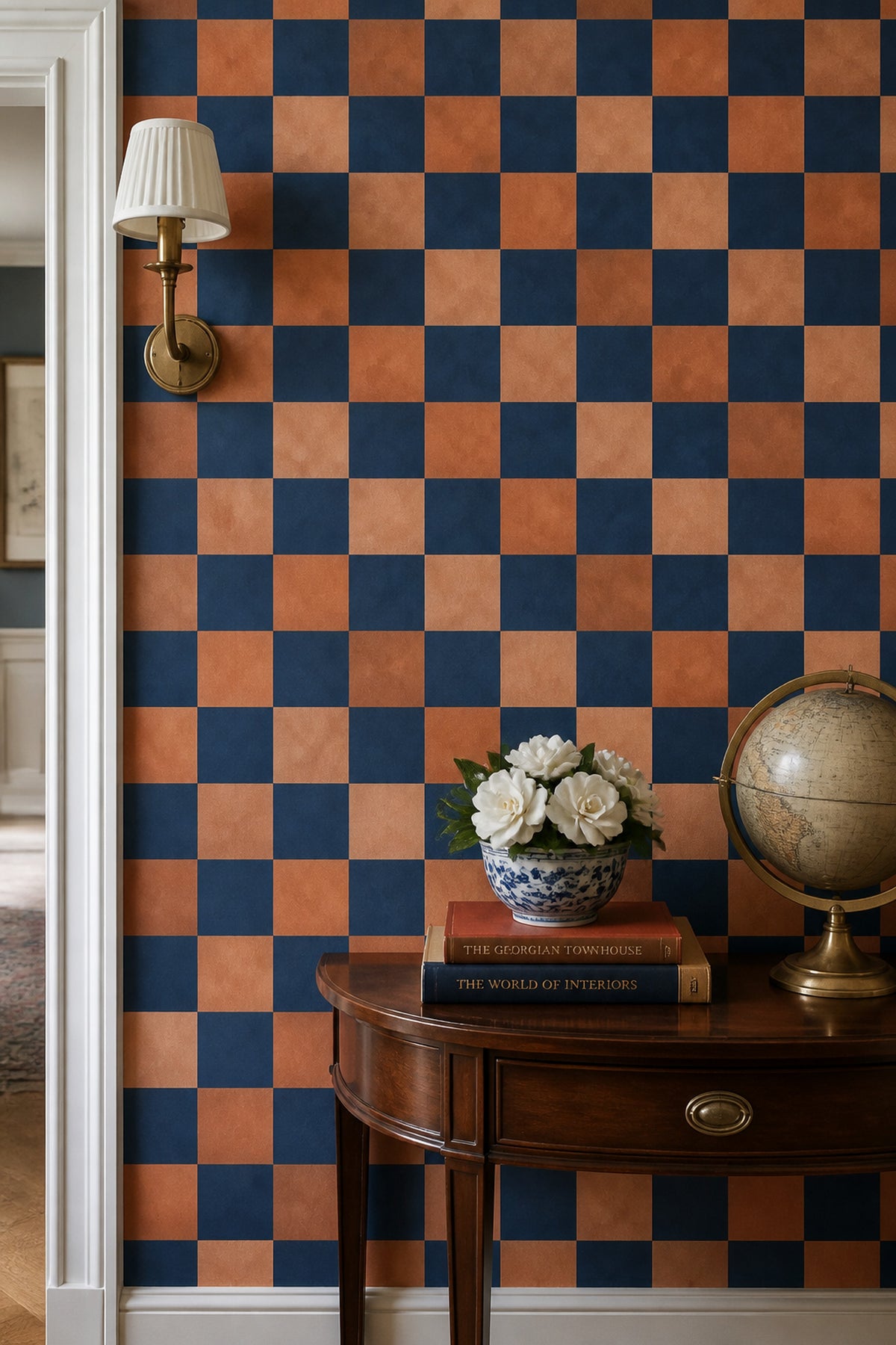 Checkerboard Wallpaper Navy And Terracotta Distressed Texture
