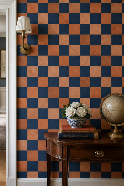 Checkerboard Wallpaper Navy And Terracotta Distressed Texture