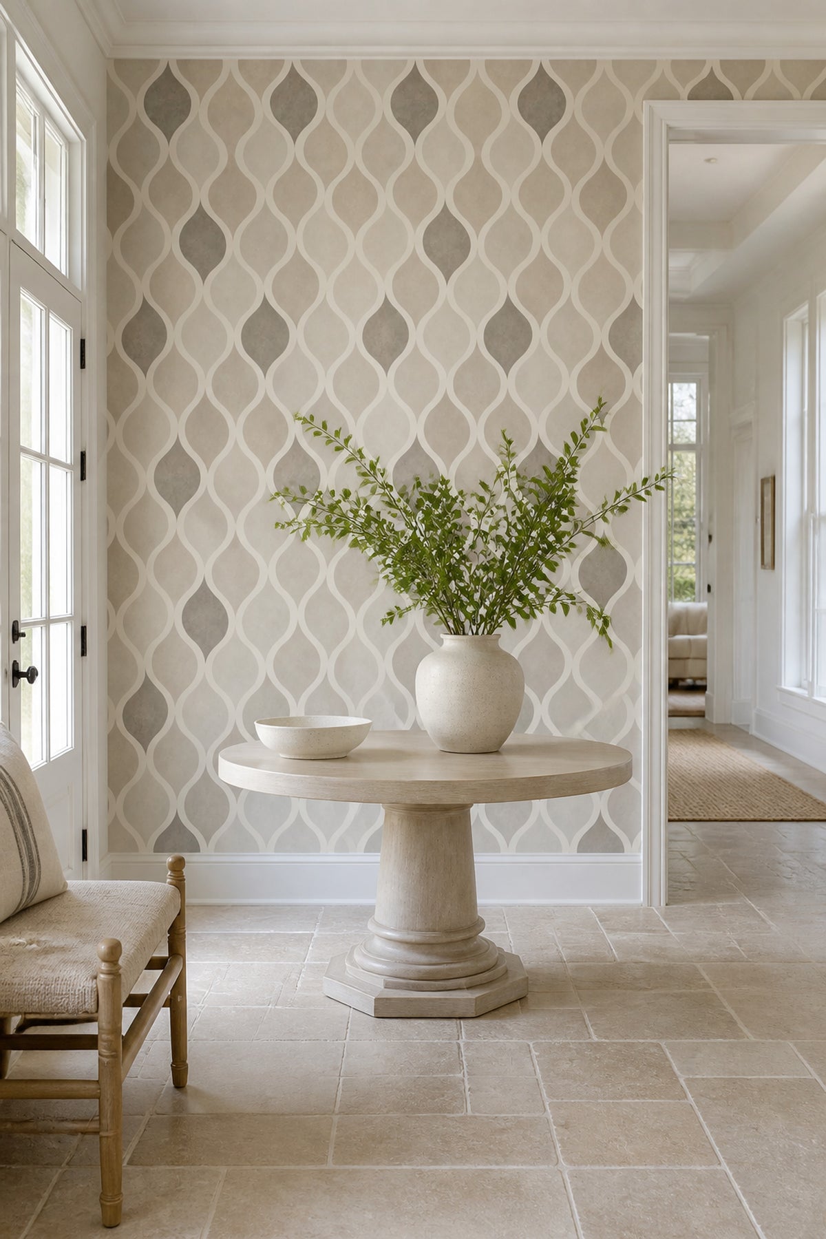 Wavy Lines Wallpaper Neutral Beige Ogee Trellis