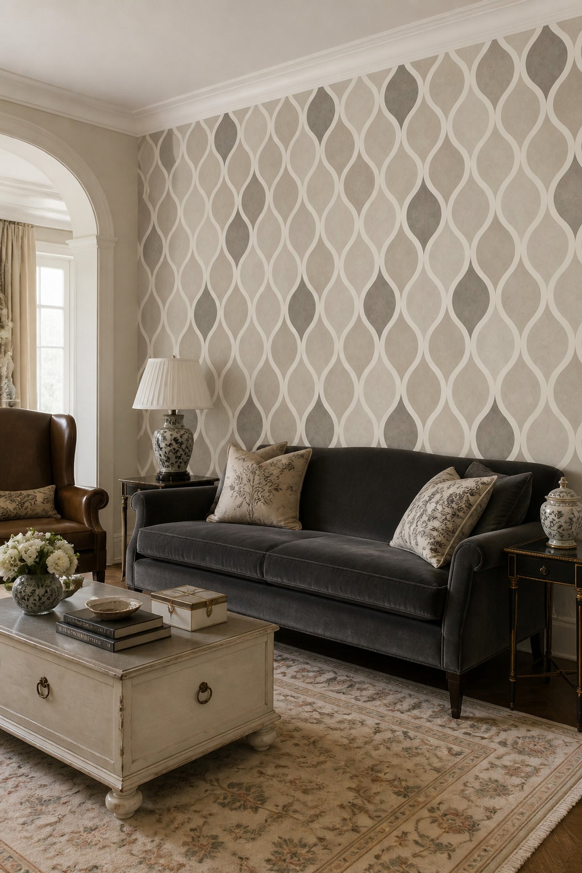 Wavy Lines Wallpaper Neutral Beige Ogee Trellis