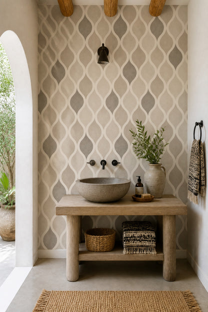 Wavy Lines Wallpaper Neutral Beige Ogee Trellis