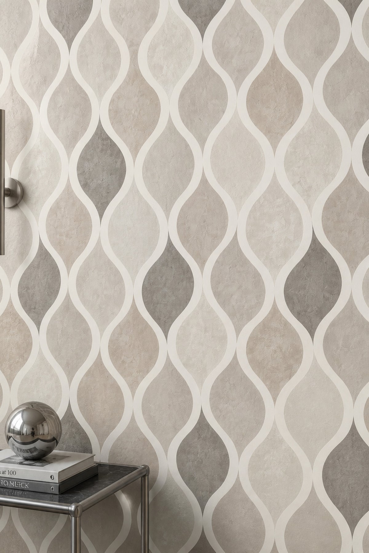 Wavy Lines Wallpaper Neutral Beige Ogee Trellis