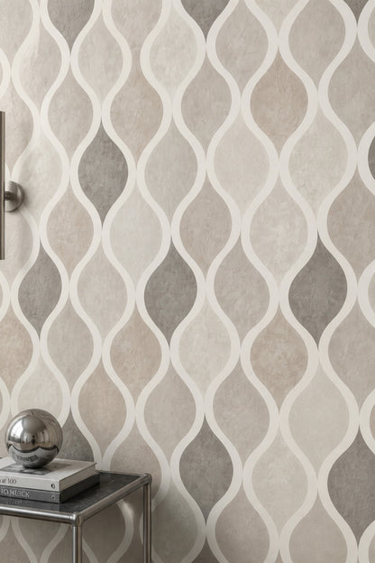 Wavy Lines Wallpaper Neutral Beige Ogee Trellis