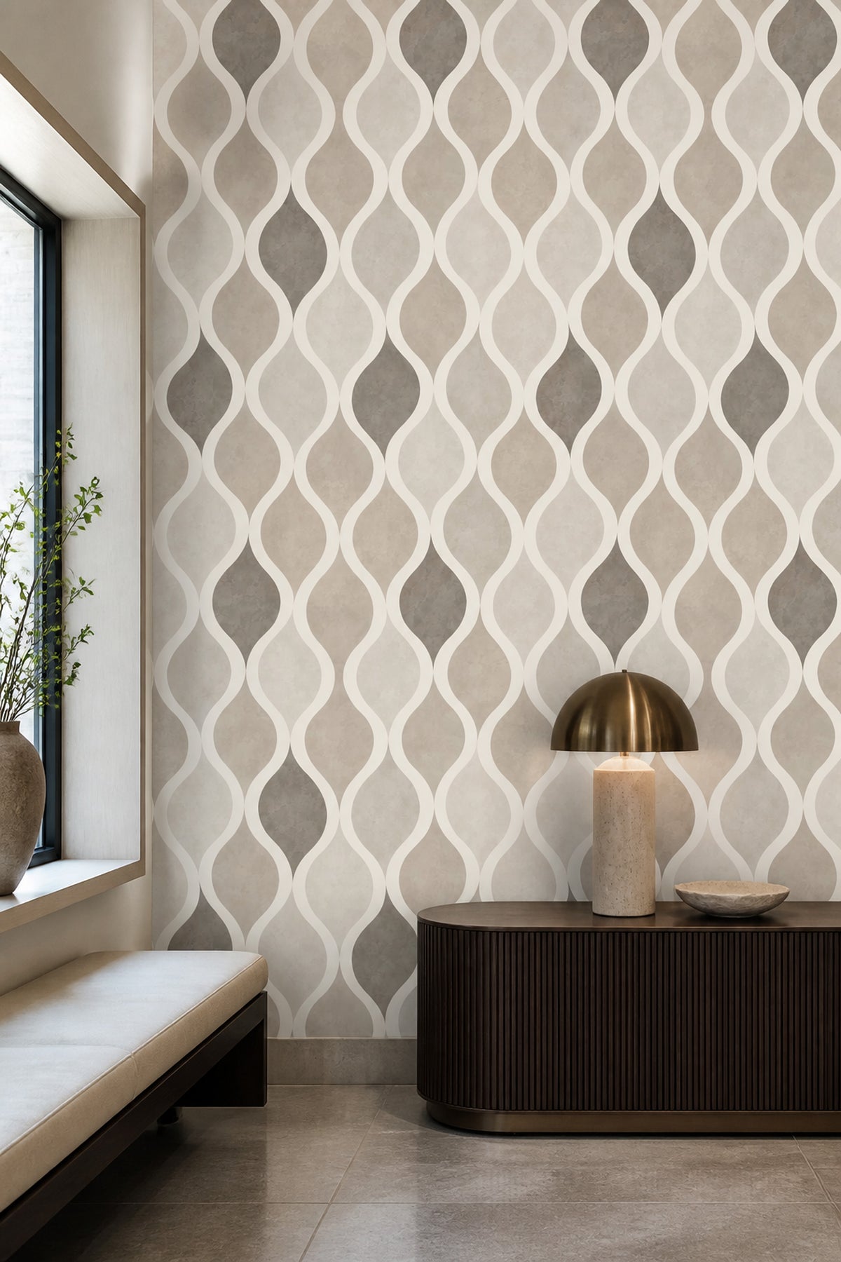 Wavy Lines Wallpaper Neutral Beige Ogee Trellis