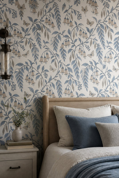 Bell Flowers And Butterflies Wallpaper Trailing Vines On Ivory