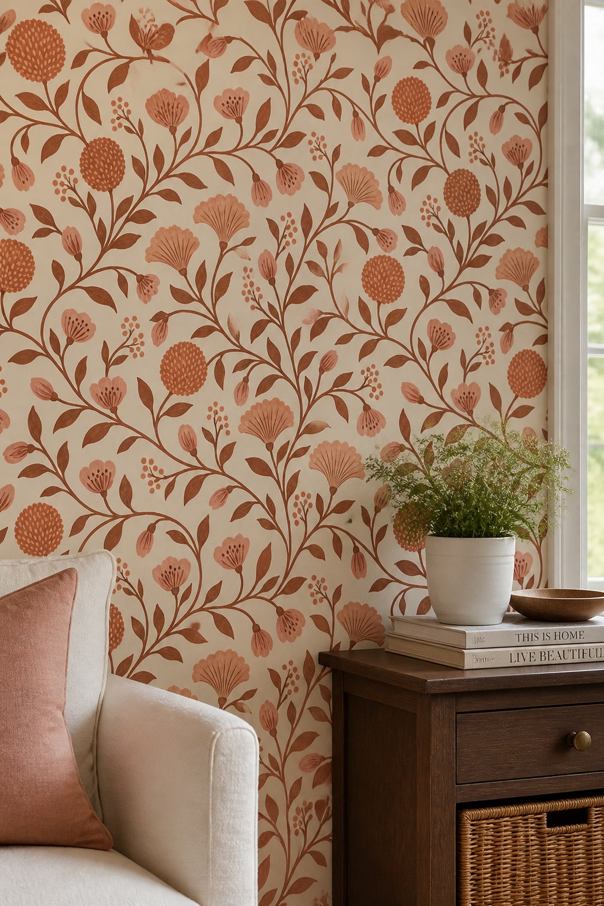 Botanical Vine Wallpaper Terracotta Pink Flowers On Cream