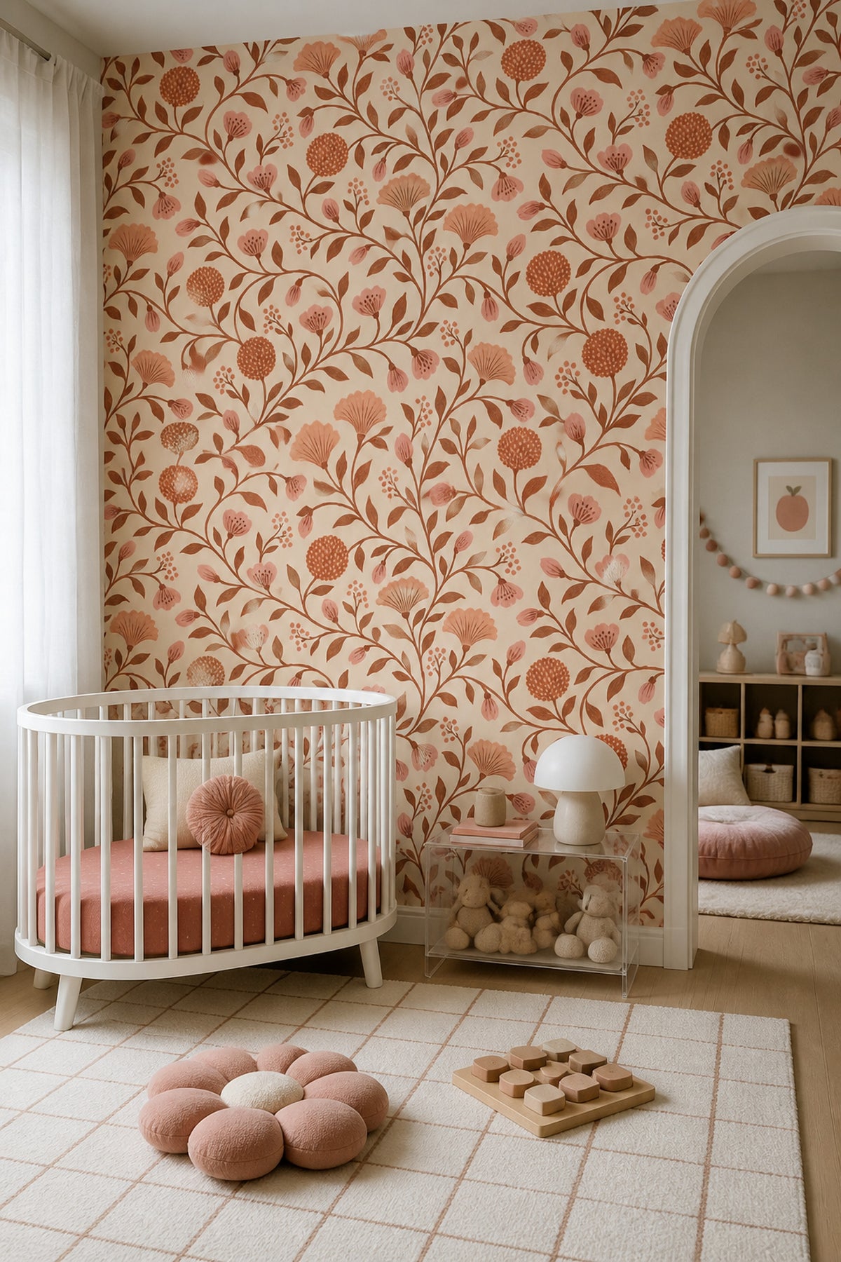 Botanical Vine Wallpaper Terracotta Pink Flowers On Cream