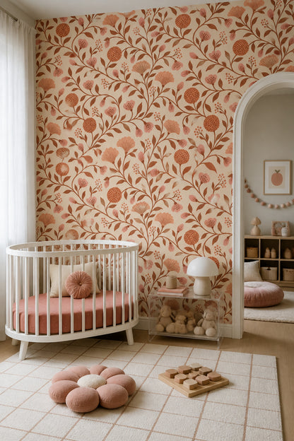 Botanical Vine Wallpaper Terracotta Pink Flowers On Cream