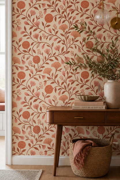 Botanical Vine Wallpaper Terracotta Pink Flowers On Cream