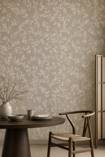 White Flower Vines Wallpaper Beige Background