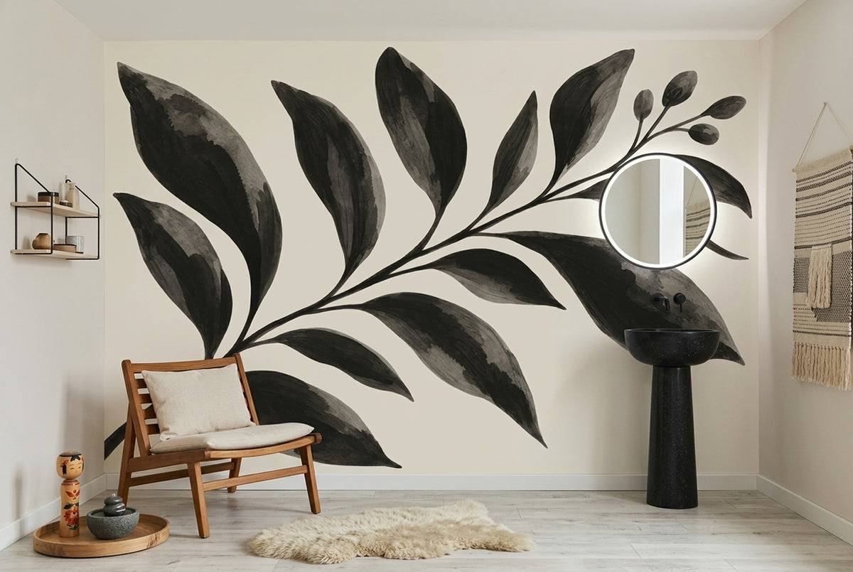 Monochrome Leaf Branch Wallpaper Cream Background Wall Mural