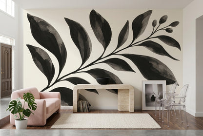 Monochrome Leaf Branch Wallpaper Cream Background Wall Mural