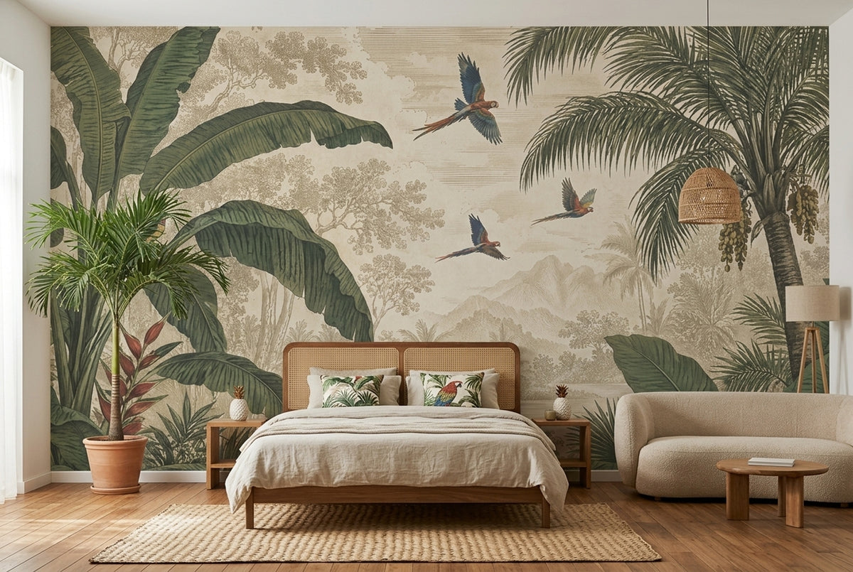 Parrots And Banana Leaves Wallpaper Vintage Jungle Wall Mural